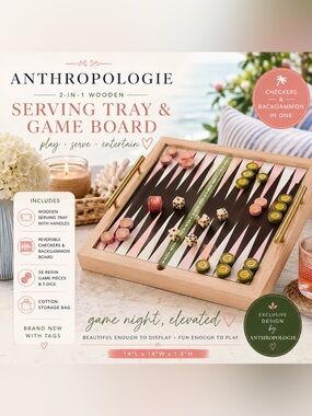 NWT Anthropologie 2-in-1 Serving Tray Checkers Backgammon Game Coastal Decor